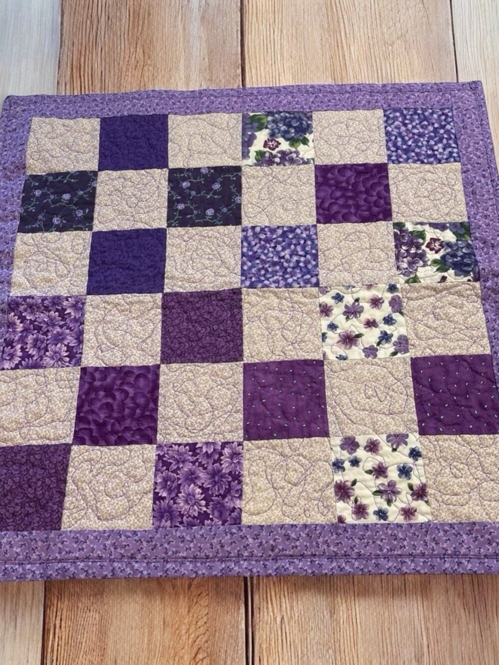 Handmade Patchwork DOLL Small Quilt Purple Floral Cottagecore Country Colorful